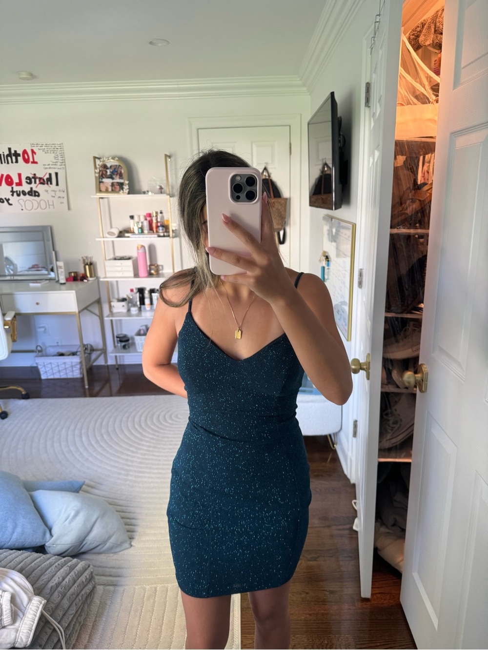 Aria Couture Teal Glitter Spaghetti-Strap Mini Dress